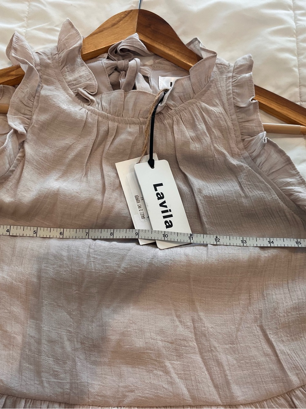 High Neck Ruffle Gauze Dress MEDIUM Beige Tan Tiered Midi Cottage Pockets NWT - Picture 11 of 14